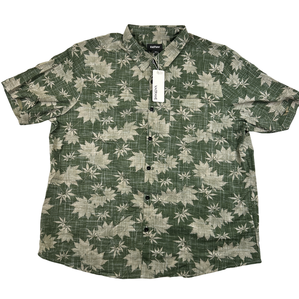 VatPave Shirt Mens XXL Hawaiian Floral Green Button-Up Short Sleeve Casual